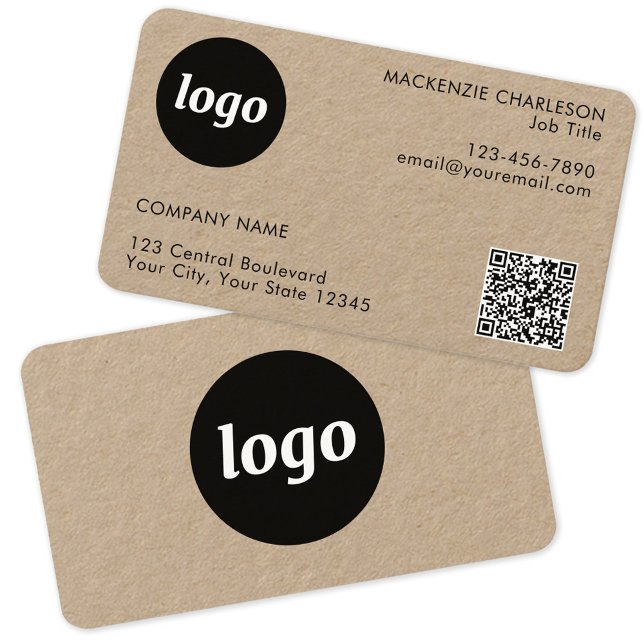 Carte De Visite Logo simple et texte QR Code Kraft (Logo with QR code custom text Kraft business card)
