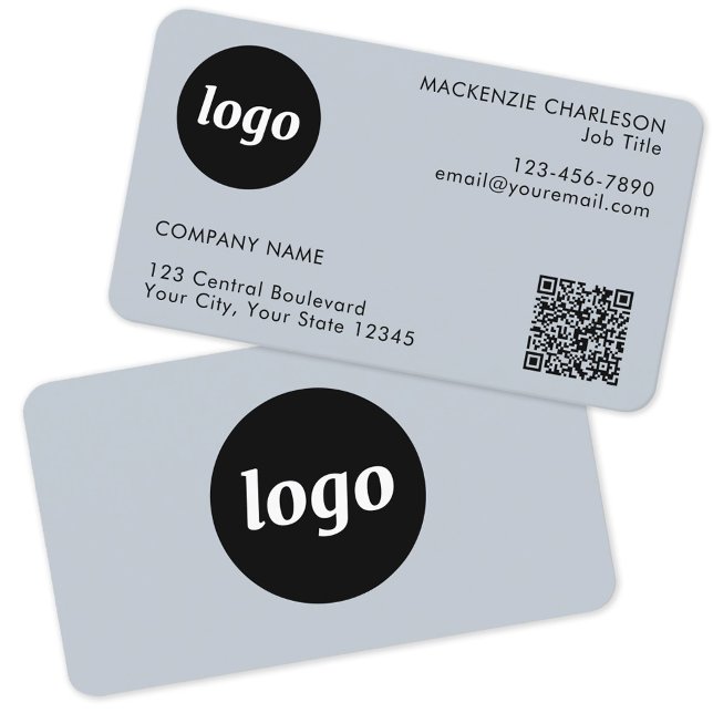 Carte De Visite Logo simple et texte QR Code Poudre bleu (Logo with QR code and custom text powder blue business card)