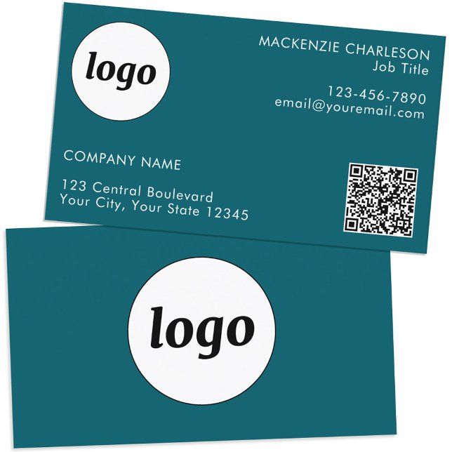 Carte De Visite Logo simple et texte QR Code Turquoise vert (Simple logo QR code custom text professional branding business card teal green)