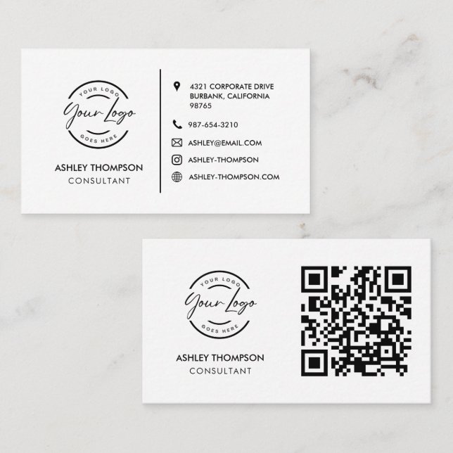 Carte De Visite Logo Simple Moderne Icône Sociale Code QR Noir Bla (Devant / Derrière)