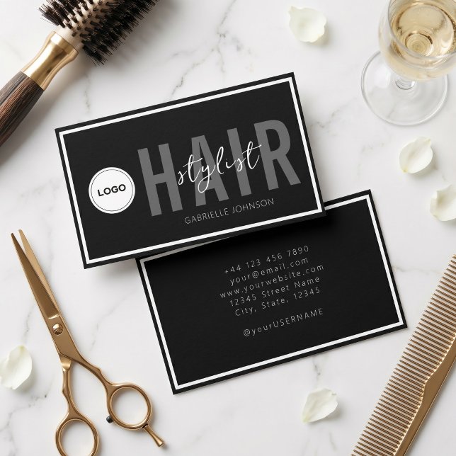 Carte De Visite Logo simple moderne noir et blanc pour coiffeur  (Créateur téléchargé)
