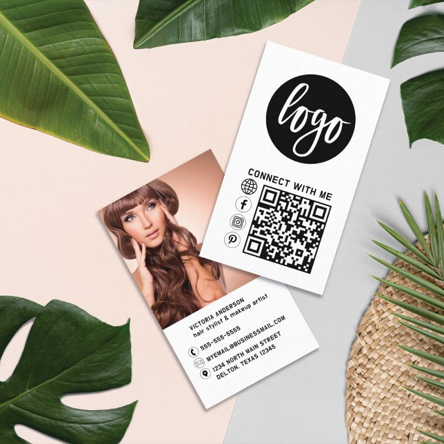 Carte De Visite Logo simple Noir Blanc moderne Photo Code QR (Créateur téléchargé)