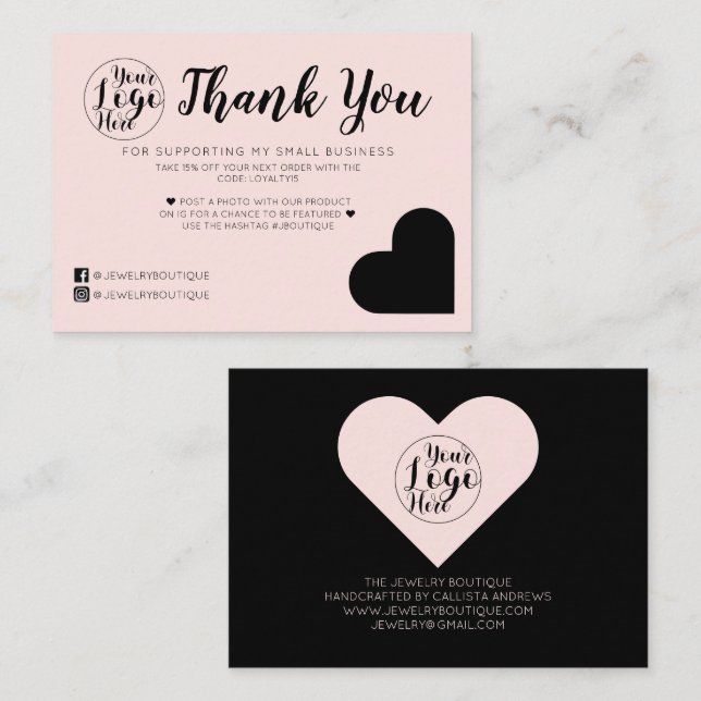 Carte De Visite Logo simple rose noir Merci client (Devant / Derrière)