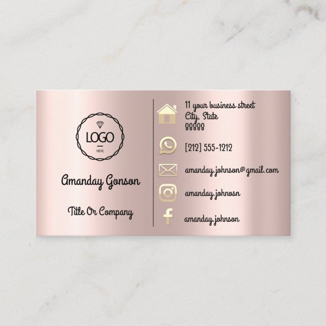 Carte De Visite Logo Social Media Gold QR Code Rose Gold Adresse (Devant)