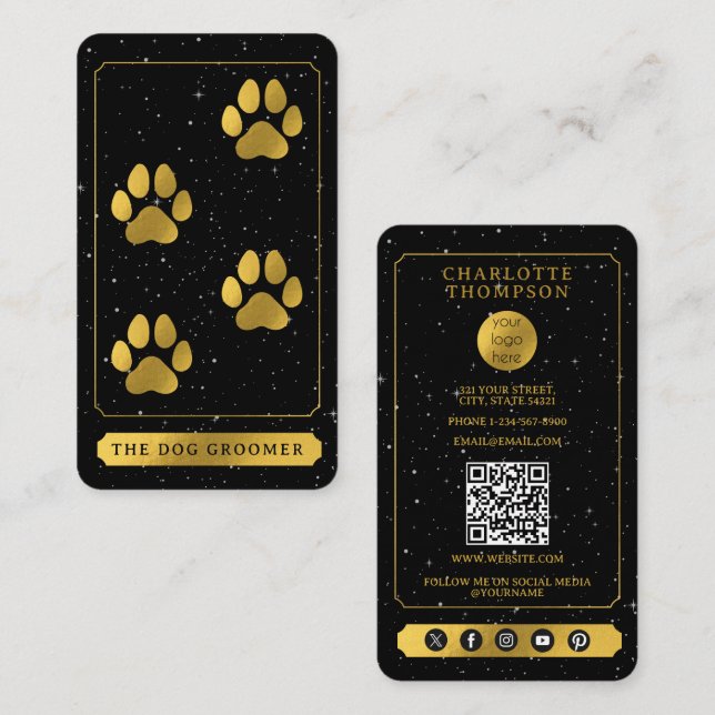 Carte De Visite Logo Tarot Chien Grooming Service Black Gold (Devant / Derrière)