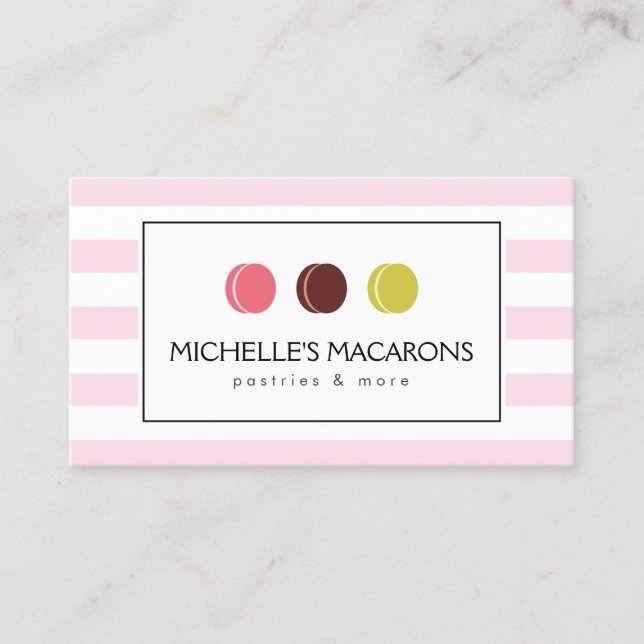Carte De Visite Logo trio Macaron français à rayures roses pour bo (Devant)