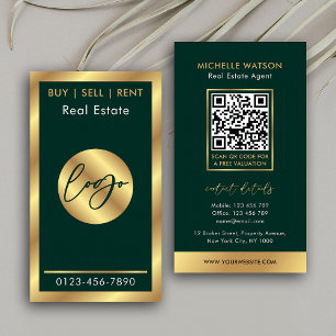 Carte De Visite Logo Vert & Or Chic Notaire Immobilier Code QR