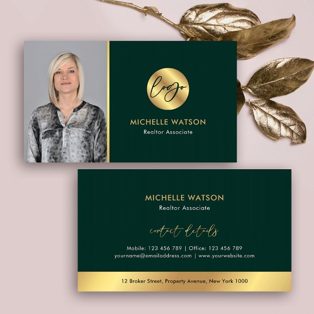 Carte De Visite Logo Vert & Or Élégant Immobilier Photo Notaire (Elegant emerald green and gold effect business cards with photo and your logo)