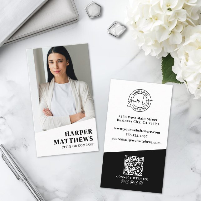Carte De Visite Logo Vertical de la Société de Code QR de Photo Pr (Professional Photo QR Code Company Logo Vertical Business Card )