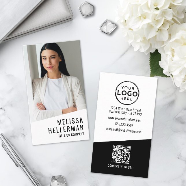 Carte De Visite Logo Vertical de la Société de Code QR de Photo Pr (Professional Photo QR Code Company Logo Vertical Business Card )