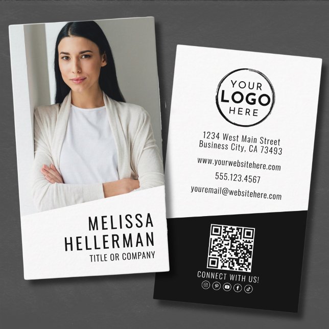 Carte De Visite Logo Vertical de la Société de Code QR de Photo Pr (Professional Photo QR Code Company Your Logo Business Card)