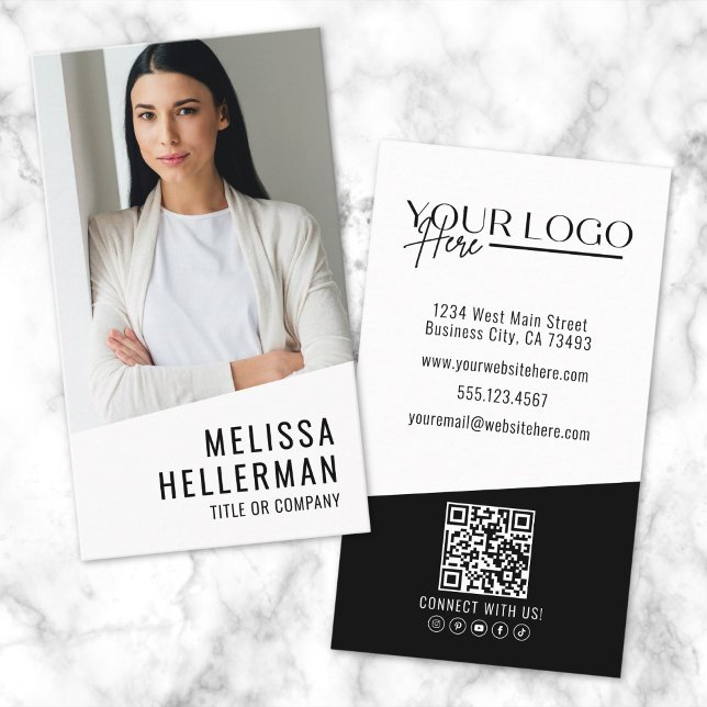 Carte De Visite Logo Vertical de la Société de Code QR de Photo Pr (Professional Photo QR Code Company Logo Vertical Business Card)