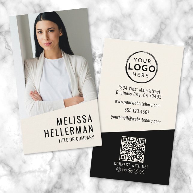 Carte De Visite Logo Vertical de la Société de Code QR de Photo Pr (Professional Photo QR Code Company Logo Vertical Business Card )
