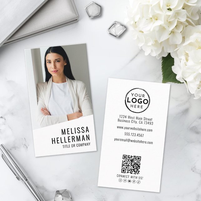Carte De Visite Logo Vertical de la Société de Code QR Photo Profe (Professional Photo QR Code Company Logo Vertical Business Card )
