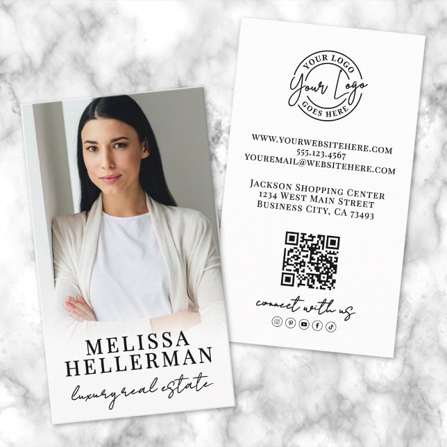 Carte De Visite Logo Vertical de la Société de Code QR Photo Profe (Professional Photo QR Code Company Logo Vertical Business Card)