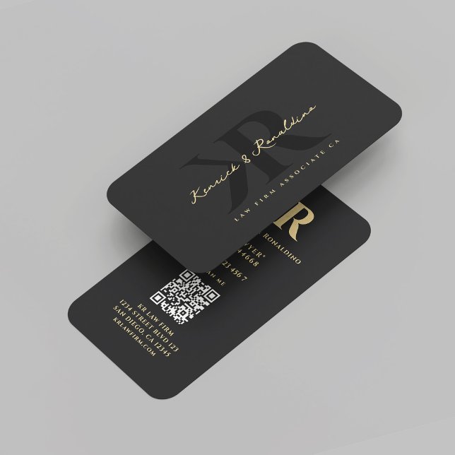 Carte De Visite Loi d'avocat moderne Monogramme K R Black Gold (Modern Lawyer Attorney Law Monogram K R Black Gold Professional Legal Marketing QR Business Card
)