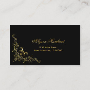 Carte De Visite L'or fleuri élégant tourbillonne sur le noir