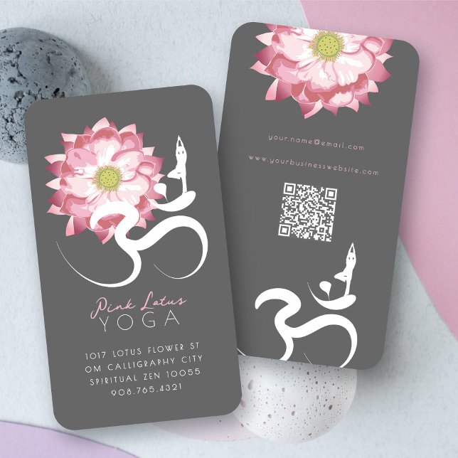 Carte De Visite Lotus rose Fleur Spirituel Yoga Enseignant Om Symb (Pink Lotus Flower Spiritual Yoga Teacher Aum/Om Symbol Business Card @ fatfatin)