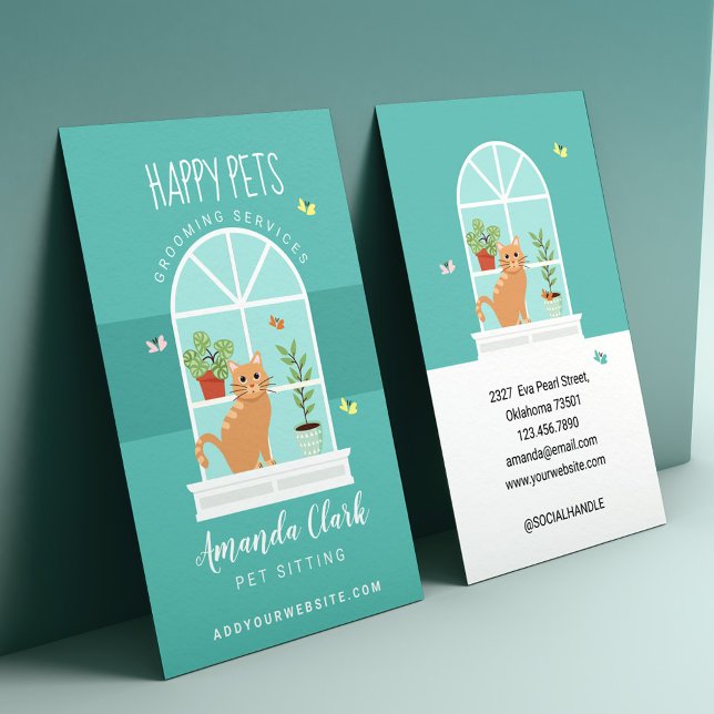 Carte De Visite Loveable Happy Chat sur Fenêtre Sill Animaux assis (Loveable Happy Cat on Window Sill Pet Sitting Business Card)