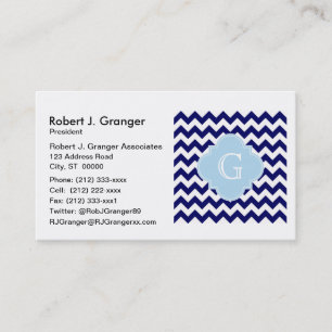Carte De Visite Lt blanc Blue Quatrefoil Monogram de Chevron de
