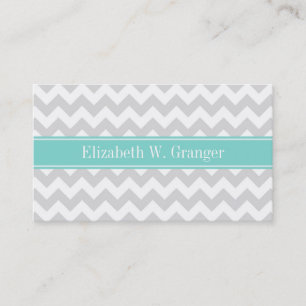 Carte De Visite Lt Gray Wht Chevron ZigZag Aqua Nom Monogram
