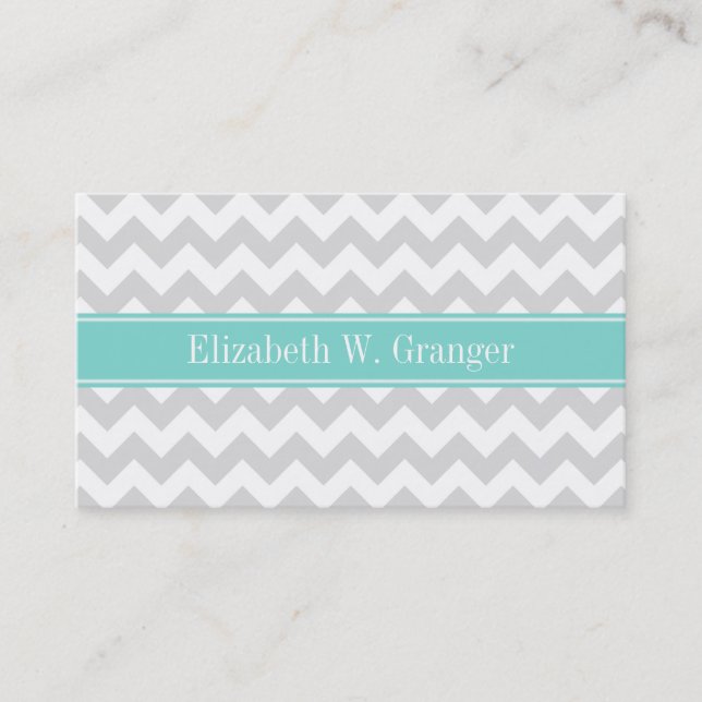 Carte De Visite Lt Gray Wht Chevron ZigZag Aqua Nom Monogram (Devant)