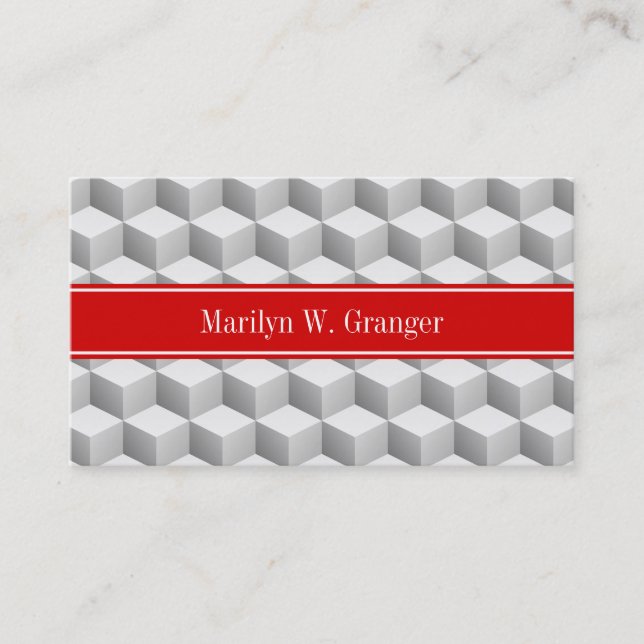 Carte De Visite Lt Grey Whi 3D Look Cubes Rouge Nom Monogramme (Devant)