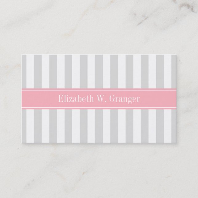 Carte De Visite Lt Grey White Stripe Pink Nom Monogramme (Devant)