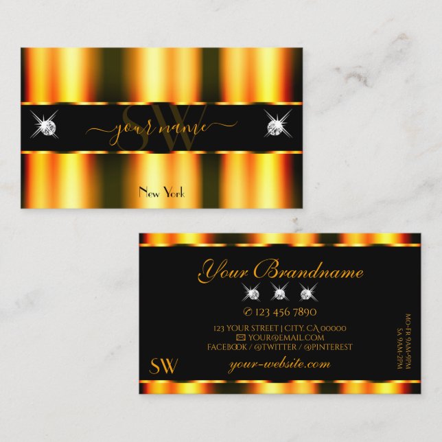 Carte De Visite Lumineuse Orange Noir Étincelant Diamants Initiale (Devant / Derrière)