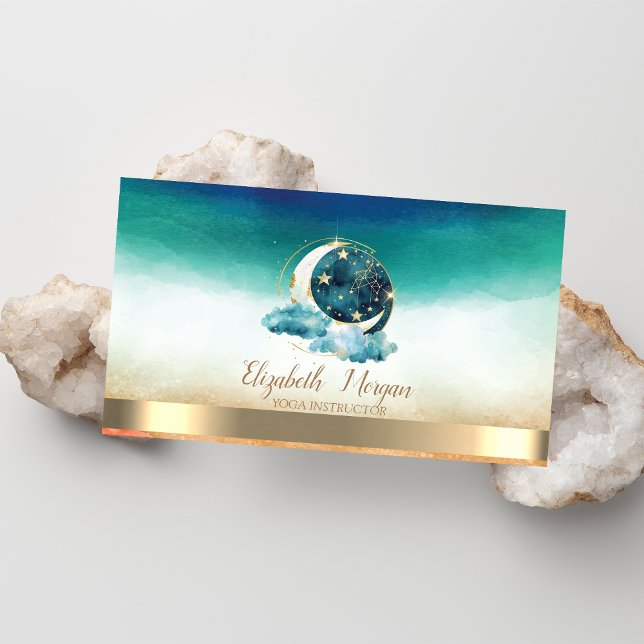 Carte De Visite Lune céleste étoiles dorées vert (Créateur téléchargé)