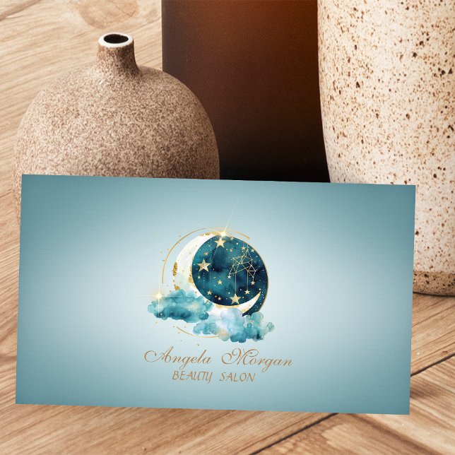 Carte De Visite Lune élégante étoiles dorées bleues (Créateur téléchargé)