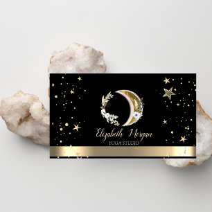 Carte De Visite Lune florale étoiles dorées Studio de yoga noir 
