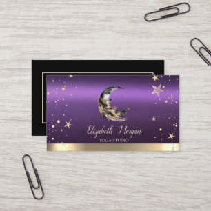 Carte De Visite Lune Plume Étoiles Dorées Noir Violet Studio de Yo