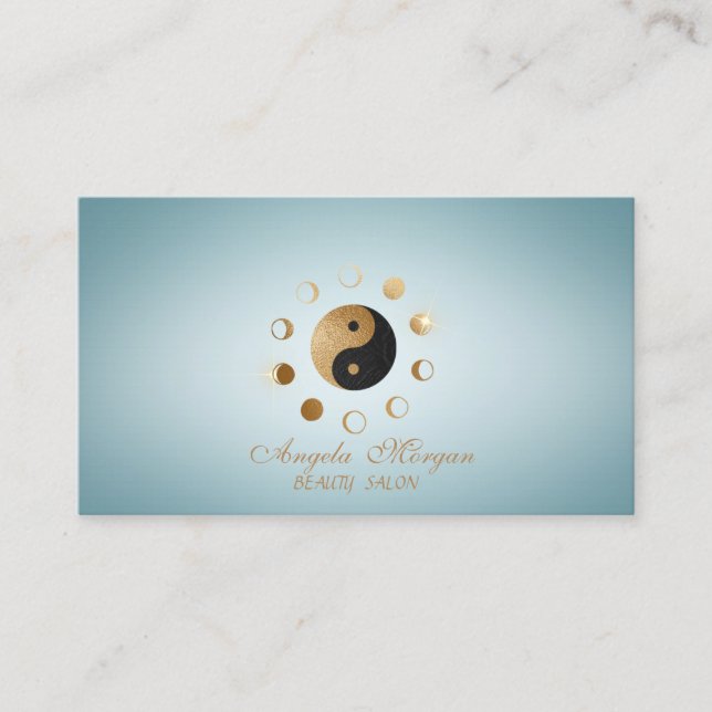 Carte De Visite Lunes dorées élégantes Ying Yang Bleu (Devant)