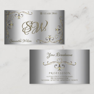 Carte De Visite Luxe Argent Or Ornate Corners Initiales Élégant