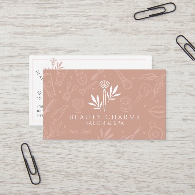 Carte De Visite Luxe Beauté Charms Blush Pink Maquillage Logo (Devant/Arrière en situation)