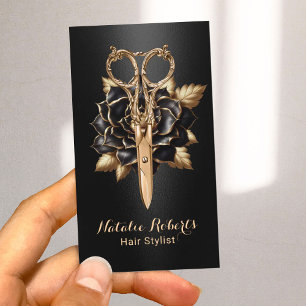Carte De Visite Luxe Black & Gold Floral Ciseaux Hair Styliste