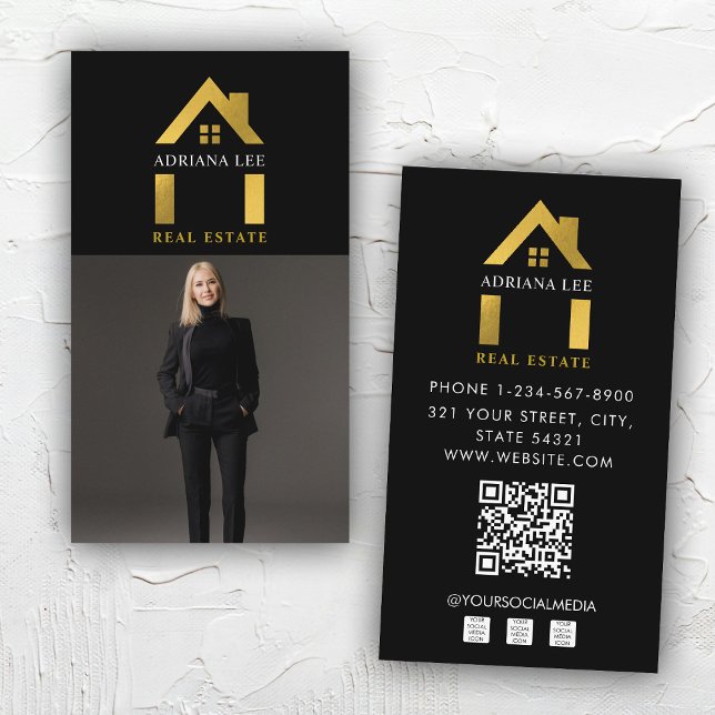 Carte De Visite Luxe Black Gold Photo Agent immobilier QR Code (Luxury Black Gold Photo Real Estate Agent QR Code Business Card)