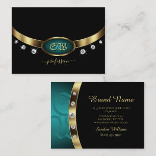 Carte De Visite Luxe Black Gold Turquoise avec Initiales et Diaman