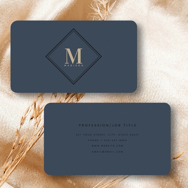 Carte De Visite Luxe Blue & Gold Monogramme Professionnel Élégant (Luxury Blue & Gold Monogram Professional Elegant Business Card)