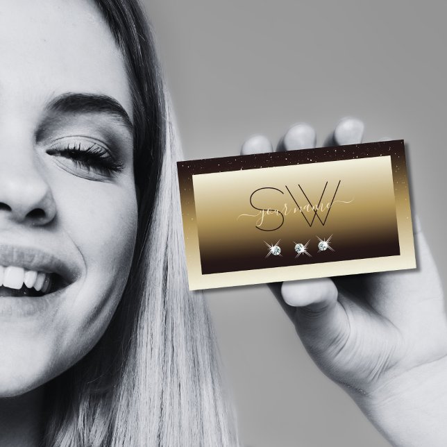 Carte De Visite Luxe Brown Beige Ombre Sparkle Diamonds Initiales (Créateur téléchargé)