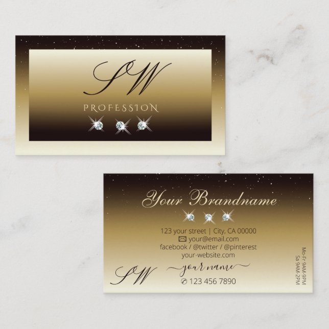 Carte De Visite Luxe Brown Beige Ombre Sparkle Diamonds Monogramme (Devant / Derrière)