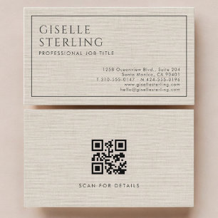 Carte de visite luxe en lin beige avec QR code mod