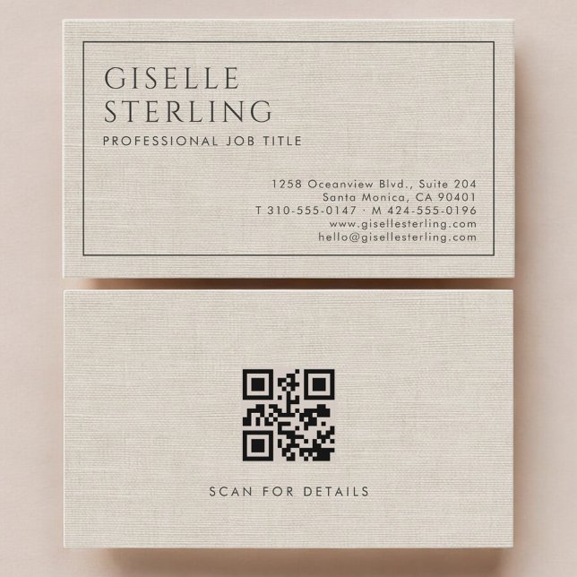 Carte de visite luxe en lin beige avec QR code mod (Créateur téléchargé)