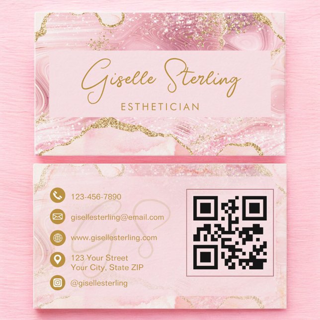 Carte De Visite Luxe Esthetician Blush Pink Gold Agate QR Code (Créateur téléchargé)