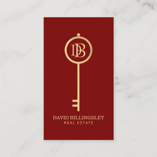 Carte De Visite Luxe Faux Gold Skeleton Clé Monogramme Realtor Rou (Devant)
