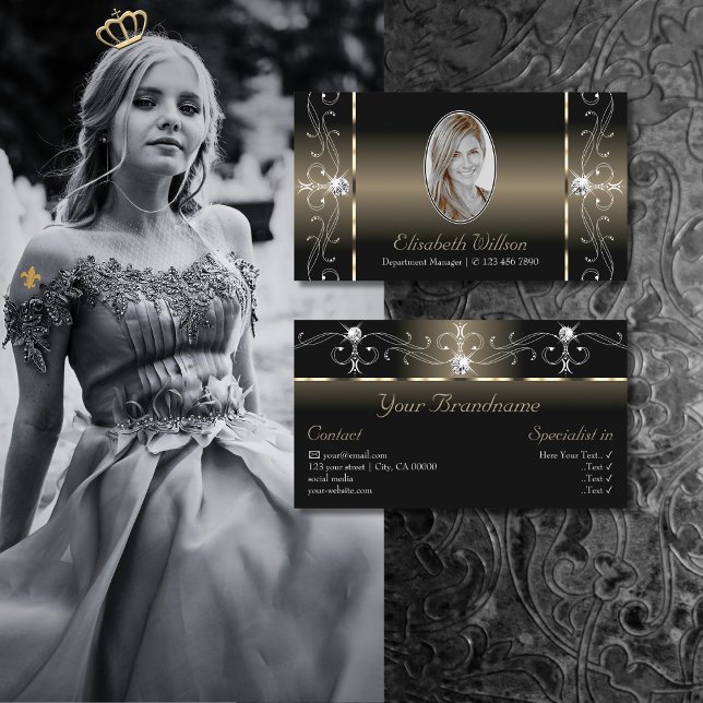 Carte De Visite Luxe Glam Black Beige Squiggled Bijoux avec photo (Créateur téléchargé)