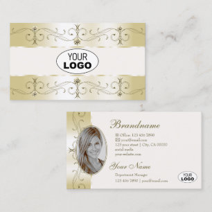 Carte De Visite Luxe Glam Gold Cream Ornate Borders Logo et photo