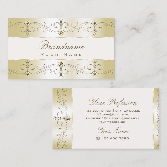 Carte De Visite Luxe Glam Gold et crème Ornate Frontières Ornement (Devant / Derrière)