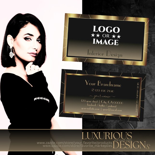 Carte De Visite Luxe Glam Gold Frame Brown Gradient avec logo (Créateur téléchargé)
